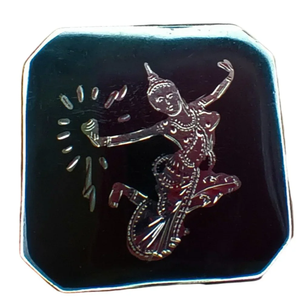 Siam Thailand Sterling Silver Black Niello Goddess Dancer Cufflinks